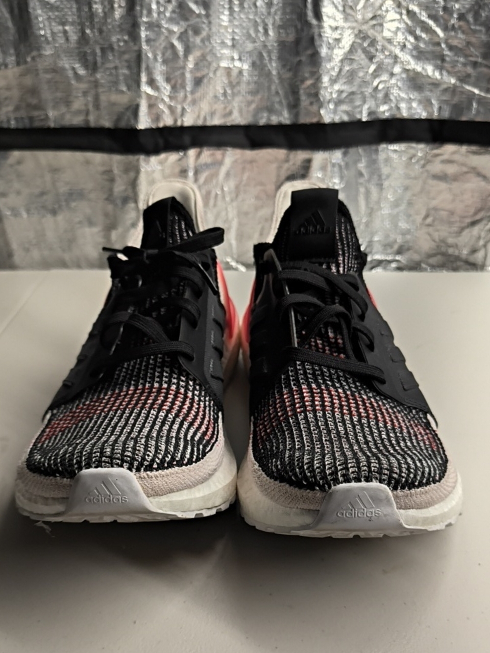 adidas Black Knit Running Shoes with Pink Highlights and White Sole